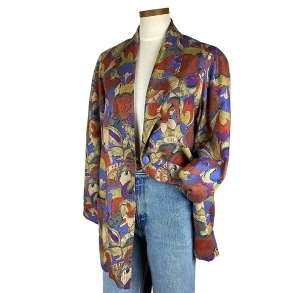 Vintage La Fleur Raw Silk Abstract Floral Blazer Sz M - Picture 12 of 12